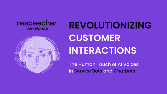 A stylized, wireframe illustration of a human head set against a vibrant purple background. The image features the title "Revolutionizing Customer Interactions: The Human Touch of AI Voices in Service Bots and Chatbots" 