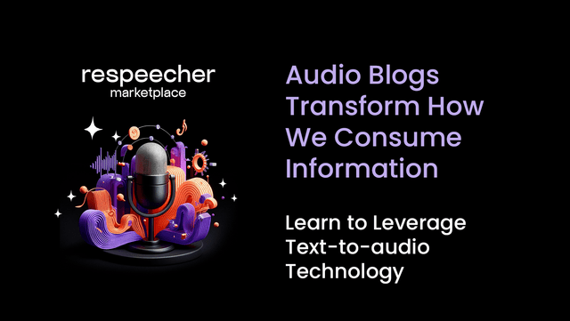 A stylish, vintage microphone surrounded by vibrant, abstract sound waves, with the text "Audio Blogs Transform How We Consume Information: Learn to Leverage Text-to-Audio Technology" in bold purple lettering.